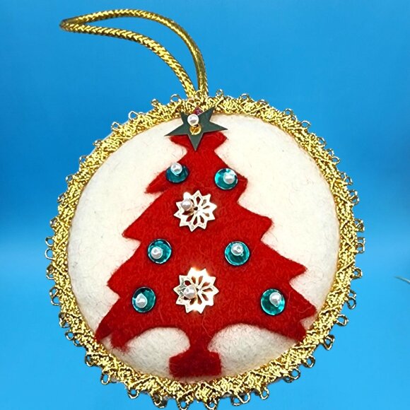 Vintage 1960s Felt Christmas Ornaments Stocking Tree Snowman Sequins Gold Trim - Picture 7 of 12